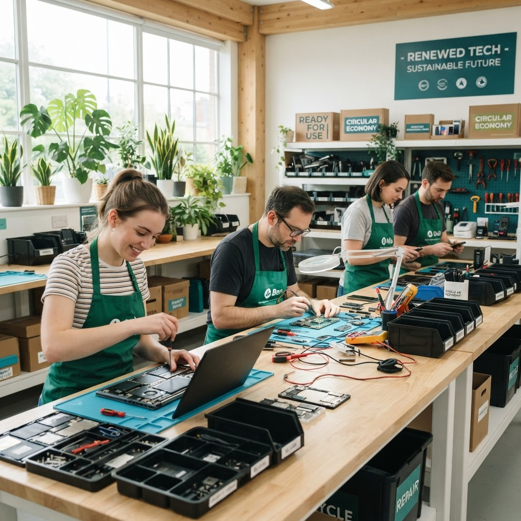 Technicians refurbishing laptops and electronics in a bright workshop